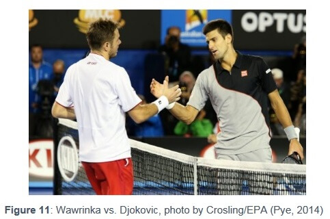Wawrinka vs. Djokovic, photo by Crosling/EPA (Pye, 2014)